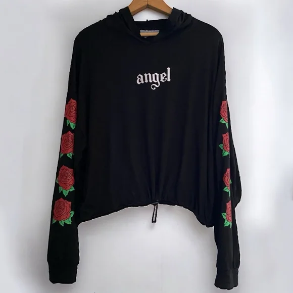 Streetwear Society Hooded‎ Angel Top Sz Medium Roses Black Longsleeve Womens Jr. - Picture 8 of 9